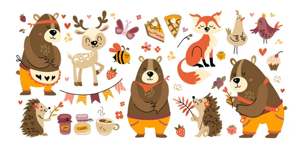 Autumn cute animal set. Colorful autumn characters - bear, fox, deer, hedgehog, bird. Vector illustration. Fall stickers for harvest festival or Thanksgiving day. Forest collection for your design