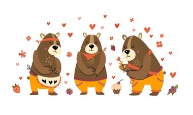 Sevimli ayılar çizgi film stili çizerler. Beyaz arka planda izole edilmiş yassı boz ayı kümesi. Tasarım şablonlarınız, kartpostallarınız ve duvar kağıtlarınız için orman koleksiyonu.