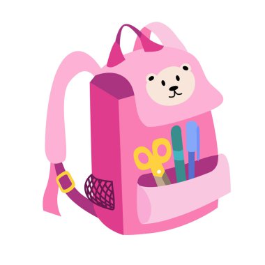 Okul çantası çizgi film stili. Eğitim ve okula dönüş, okul çantası valizleri, sırt çantası vektör çizimleri. Okul çantalı ve eğitimli çocuklar. Çalışma malzemeleriyle dolu sırt çantası..