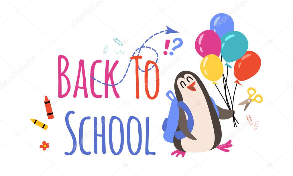 School lettering flat style. Cute penguin with school supplies and ballons. Vector illustration banner. Welcome back to school text for you design. Isolated on a white background.