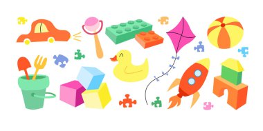 Çizgi film oyuncakları seti. Vektör illüstrasyon düz stil. Arabalar, ördekler, kum havuzu oyuncakları, küpleri, roketleri olan koleksiyon tasarımı elemanları. Tasarım etiketleriniz, şablonlarınız ve kartpostallarınız için renkli nesneler.