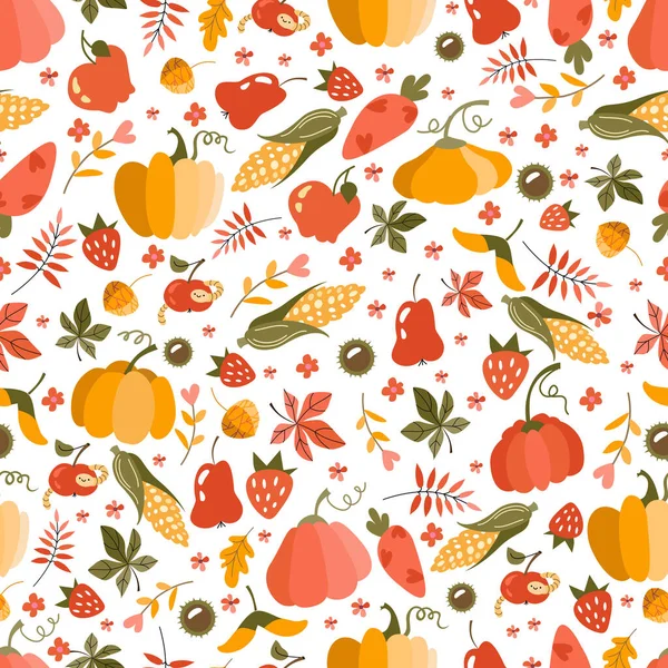 Harvest Patern Vector Flat Seamless Pattern Colorful Pumpkins Fruits Vegetables — Stock Vector