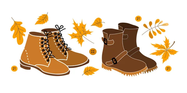 秋の靴コレクションフラットスタイル 紅葉をテーマにしたフットウェアのベクターイラスト あなたのデザインのためのホワイトバックグラウンドにステッカーの隔離されたコレクション — ストックベクタ