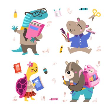 Okula geri dön. Hayvanlar çizgi film seti. Vektör illüstrasyon düz stil, eğitim teması. Ayı, su aygırı, kertenkele, kaplumbağa. Tasarımınız için beyaz zemin üzerinde sevimli karakterlerin izole edilmiş yapıştırma koleksiyonu.