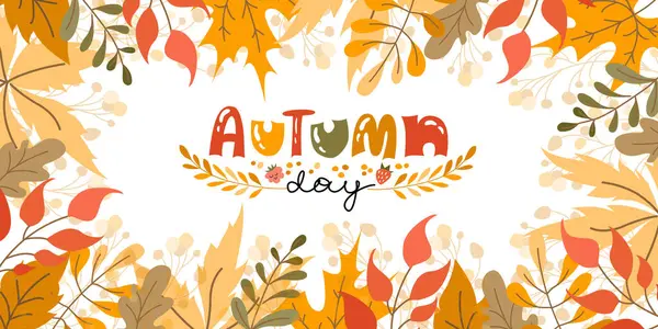 stock vector Autumn day vector banner. Abstract Fall background with lettering. Colorful banners with autumn fallen leaves and yellowed foliage. Use for event invitation, discount voucher, advertising.