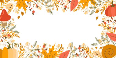 Sonbahar çerçeve taşıyıcı pankartı. Balkabağı, mantar, salyangoz gibi arka planda kal. Sonbaharda dökülen yaprakları ve sararmış yaprakları olan renkli afişler. Etkinlik daveti, indirim kuponu ve reklam için kullan.