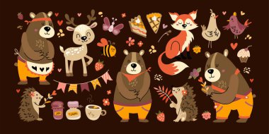 Orman sevimli hayvan seti çizgi filmi. Renkli sonbahar karakterleri. Ayı, tilki, geyik, kirpi, kuş. Vektör çizimi. Hasat festivali ya da Şükran Günü için sonbahar çıkartmaları. Tasarımınız için koleksiyon