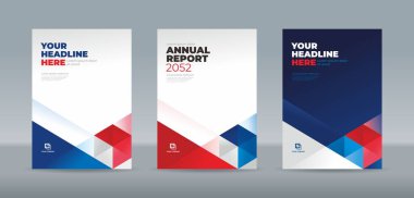 Yıllık rapor, dergi, kitapçık, teklif, portofolyo, broşür, poster için koyu mavi, kırmızı ve beyaz arka plan A4 boy kitap kapağı şablonuna sahip abstrac triangel.