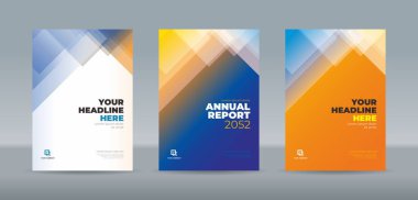 Yıllık rapor dergisi için modern rastgele şeffaf üçgen mavi ve turuncu renk temalı kitap kapağı şablonu