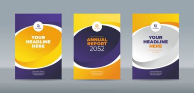 Yıllık rapor, dergi, kitapçık, teklif, portföy, broşür, poster için koyu mor ve turuncu arkaplan A4 boyut kitap şablonu ile soyut elips ve eğri