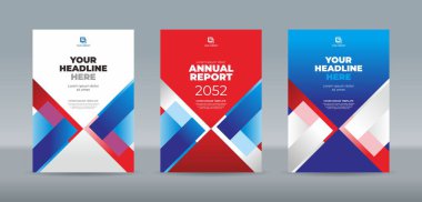 Kırmızı, mavi ve beyaz arkaplan üzerindeki soyut dikdörtgen çubuklar. Yıllık rapor, dergi, kitapçık, teklif, portföy, broşür, poster için A4 boyutlu kitap kapağı şablonu