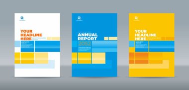 Beyaz, mavi ve turuncu arkaplanlı soyut saydam dikdörtgen. Yıllık rapor, dergi, kitapçık, teklif, portföy, broşür, poster için A4 boyutlu kitap kapağı şablonu