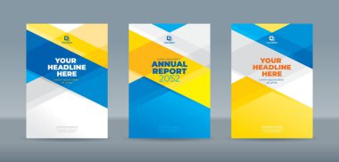 Sarı ve mavi arkaplanda rastgele şeffaf dikdörtgen. Yıllık rapor, dergi, kitapçık, teklif, portföy, broşür, poster için A4 boyutlu kitap kapağı şablonu