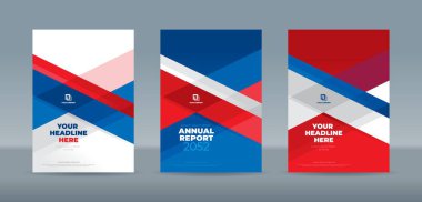 Beyaz kırmızı ve mavi arkaplanda rastgele şeffaf dikdörtgen. Yıllık rapor, dergi, kitapçık, teklif, portföy, broşür, poster için A4 boyutlu kitap kapağı şablonu