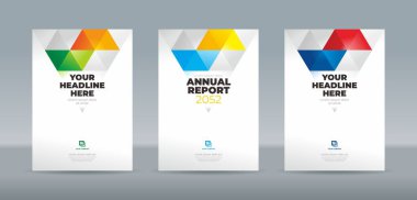 Mavi, yeşil, turuncu, sarı, kırmızı ve beyaz arkaplanda soyut üçgen. Yıllık rapor, dergi, kitapçık, teklif, portföy, broşür, poster için A4 boyutlu kitap kapağı şablonu