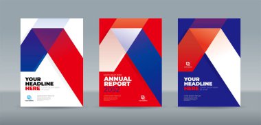 Modern katlanmış kurdele temalı kitap kapağı şablonu beyaz, kırmızı, mavi renkte. Yıllık rapor, dergi, kitapçık, teklif, portföy, broşür, poster için A4 boyutlu kitap kapağı şablonu