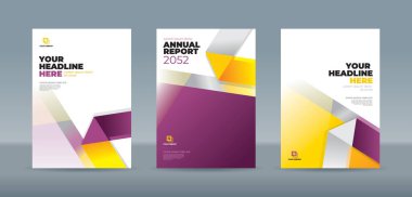 Modern katlanmış kurdele temalı kitap kapağı şablonu beyaz, mor, sarı renkte. Yıllık rapor, dergi, kitapçık, teklif, portföy, broşür, poster için A4 boyutlu kitap kapağı şablonu