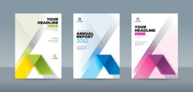 Modern katlanmış kurdele temalı kitap kapağı şablonu yeşil, mavi, sarı, mor renkte. Yıllık rapor, dergi, kitapçık, teklif, portföy, broşür, poster için A4 boyutlu kitap kapağı şablonu