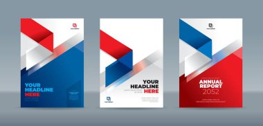 Modern katlanmış kurdele temalı kitap kapağı şablonu beyaz, kırmızı, mavi renkte. Yıllık rapor, dergi, kitapçık, teklif, portföy, broşür, poster için A4 boyutlu kitap kapağı şablonu