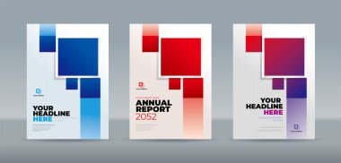 Beyaz arkaplanda mavi ve kırmızı soyut dikdörtgen. Yıllık rapor, dergi, kitapçık, teklif, portföy, broşür, poster için A4 boyutlu kitap kapağı şablonu