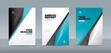 Beyaz deniz mavisi renklendirme arka planında beyaz ve siyah soyut şekiller. Yıllık rapor, dergi, kitapçık, teklif, portföy, broşür, poster için A4 boyutlu kitap kapağı şablonu