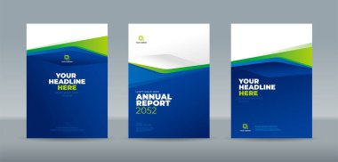 Beyaz mavi derecelendirme arka planında mavi beyaz ve yeşil soyut şekil. Yıllık rapor, dergi, kitapçık, teklif, portföy, broşür, poster için A4 boyutlu kitap kapağı şablonu