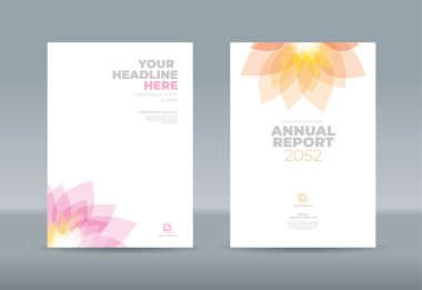 Beyaz ayrışma arka planında şeffaf pembe çiçek yaprakları. Yıllık rapor, dergi, kitapçık, teklif, portföy, broşür, poster için A4 boyutlu kitap kapağı şablonu