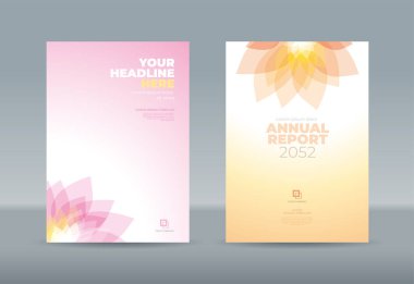 Beyaz renklendirme arka planında şeffaf pembe çiçek yaprakları. Yıllık rapor, dergi, kitapçık, teklif, portföy, broşür, poster için A4 boyutlu kitap kapağı şablonu