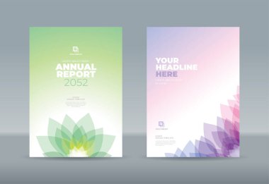 Beyaz renklendirme arka planında soyut, şeffaf, mavi, mor çiçek yaprakları. Yıllık rapor, dergi, kitapçık, teklif, portföy, broşür, poster için A4 boyutlu kitap kapağı şablonu