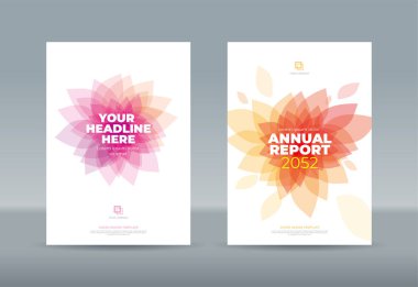 Beyaz arka planda soyut şeffaf kırmızı turuncu çiçek yaprakları. Yıllık rapor, dergi, kitapçık, teklif, portföy, broşür, poster için A4 boyutlu kitap kapağı şablonu