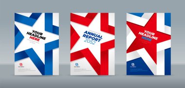 Katlanmış bir kurdelenin beş kenarlı bir yıldız şeklindeki mavi-beyaz ve kırmızı çizimi. Yıllık rapor, dergi, kitapçık, teklif, portföy, broşür, poster için A4 boyutlu kitap kapağı şablonu