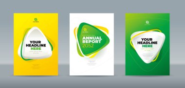 3D yuvarlak üçgenlerin, sarı beyaz yeşil eğimli arka planla üst üste bindiği bir resim. Yıllık rapor, dergi, kitapçık, teklif, portföy, broşür, poster için A4 boyutlu kitap kapağı şablonu