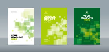Işık ve koyu yeşil ve beyaz renklendirme arka planında rastgele şeffaf kareler, kitap kapağı şablonu. Yıllık rapor, dergi, kitapçık, teklif, portföy, broşür, poster için A4 boyutlu kitap kapağı şablonu