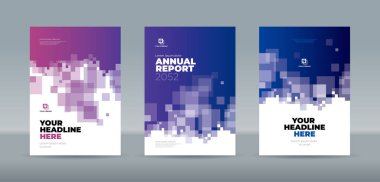 Mor ve mavi derecelendirme arkaplanda rastgele şeffaf kareler, kitap kapağı şablonu. Yıllık rapor, dergi, kitapçık, teklif, portföy, broşür, poster için A4 boyutlu kitap kapağı şablonu