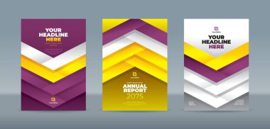 Beyaz arka planda modern mor, beyaz, sarı ok şekli. Yıllık rapor, dergi, kitapçık, teklif, portföy, broşür, poster için A4 boyutlu kitap kapağı şablonu