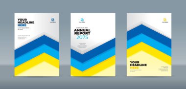 Modern düz dizayn mavi, cyan, sarı ok şeklinde beyaz arka planda. Yıllık rapor, dergi, kitapçık, teklif, portföy, broşür, poster için A4 boyutlu kitap kapağı şablonu