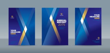 Mavi, altın ve beyaz geometrik tasarımların yer aldığı zarif ve düzenlenebilir kitap kapağı şablonu. Yıllık rapor, dergi, kitapçık, teklif, portföy, broşür, poster için A4 boyutlu kitap kapağı şablonu