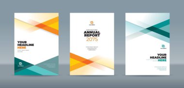 Profesyonel olarak düzenlenebilir kitap kapağı şablonları yeşil ve turuncu tonlarda parlak geometrik renkler içeriyor. Şirket markalaşması, yıllık rapor ve cilalı sunum için ideal
