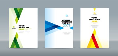 Profesyonel olarak tasarlanmış düzenlenebilir vektör kapağı şablonları, kurumsal markalaşma, yıllık rapor ve cilalı sunum için yeşil, mavi ve sarı tonlu parlak geometrik desenler sergiliyor