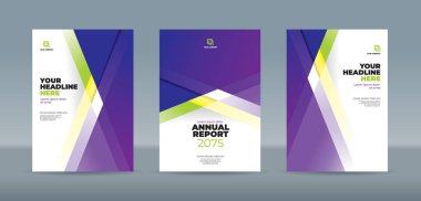Mor, yeşil, sarı ve beyaz geometrik tasarımların yer aldığı zarif ve düzenlenebilir kitap kapağı şablonu. Yıllık rapor, dergi, kitapçık, teklif, broşür, poster için A4 boyutunda kitap kapağı şablonu