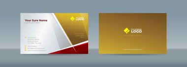 Beyaz arkaplan üzerinde soyut kırmızı ve altın dikdörtgen ile çift taraflı kartvizit şablonu
