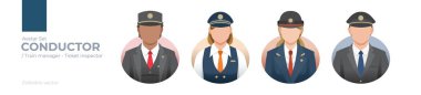 Tren Kondüktörleri Avatar Set: Çeşitli Yönetmenler, Yöneticiler ve Profesyonel Demiryolu Grafikleri Üniformaları ve Toplu Taşımacılık Temalı Tasarım Projeleri Müfettişlerinin Düzenlenebilir Resimleri