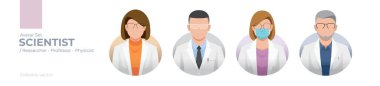 Bilim adamı Avatar Set: Çeşitli Araştırmacıların, Kimyagerlerin, Biyologların ve Laboratuar Önlüklerinde Innovator 'ların Düzenlenebilir Vektör Grafikleri ve Eğitim İçin Koruyucu Vites, BTMM Projeleri ve Bilim İletişim Tasarımı