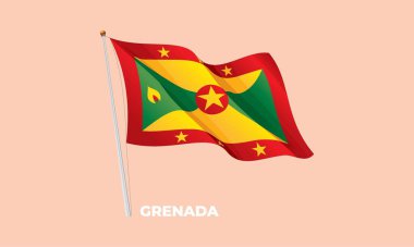 Bayrak direğine sallanan Grenada Ulusal Bayrağı. Vektör 3 Boyut