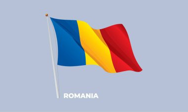Bayrak direğinde dalgalanan Romanya bayrağı. Vektör 3 Boyut