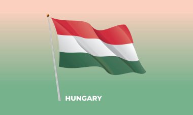 Macaristan ulusal bayrağı. Bayrak direğine el sallıyor. Vektör 3 Boyut