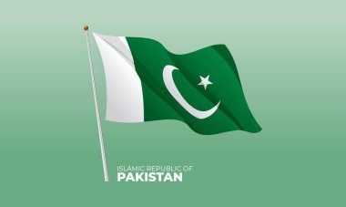 Pakistan İslam Cumhuriyeti ulusal bayrağı. Bayrak direğine el sallıyor. Vektör 3 Boyut