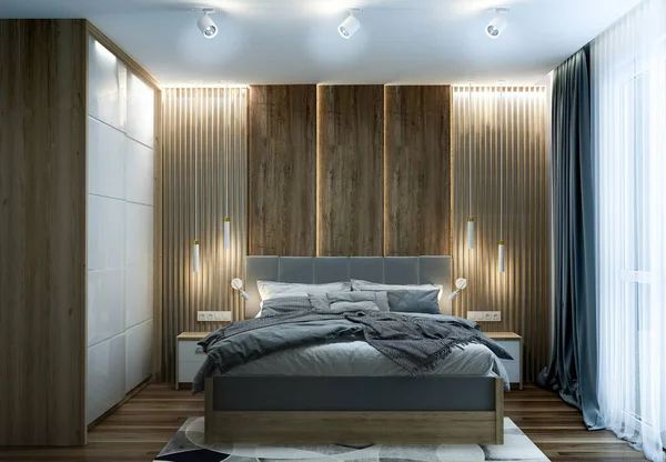 Projektowanie Sypialni Wystrój Drewna Oświetlenia Led — Zdjęcie stockowe