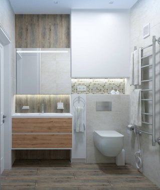 Mozaik ve fayanslı banyo. Ahşap desenli mobilyalar. Odada lambalar var..