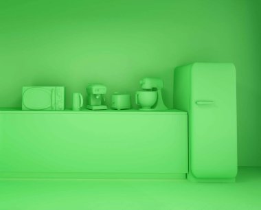 Mutfak aletleri. Buzdolabı, blender, kahve makinesi, tost makinesi, elektrikli su ısıtıcısı. Her şey yeşil..